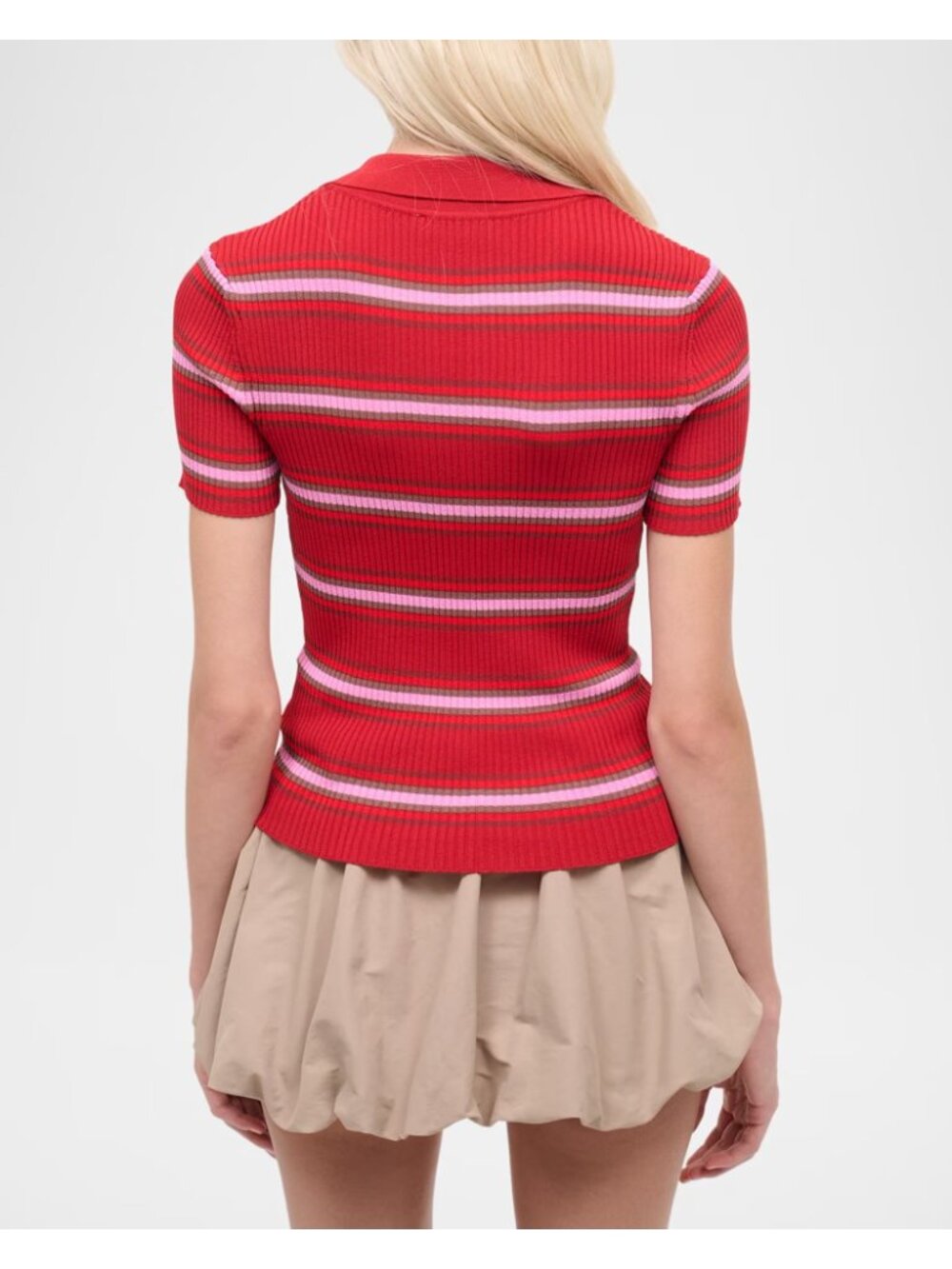 STAUD Ren Ribbed Polo Red White XS NWT Zip Front Stripe Knit Top - Picture 5 of 5